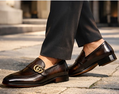 Crafted Leather Mens Designer Classic Luxury Darker Black Brown Shaded Patina Leather Moccasin Loafers Dress Shoes