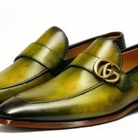 Crafted Leather Mens Designer Classic Luxury High Green Yellow Patina Leather Moccasin Loafers Dress Shoes - Thumbnail 2
