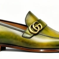 Crafted Leather Mens Designer Classic Luxury High Green Yellow Patina Leather Moccasin Loafers Dress Shoes - Thumbnail 1