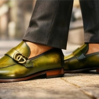 Crafted leather mens designer classic luxury high green yellow patina leather moccasin loafers dress shoes - Thumbnail 1
