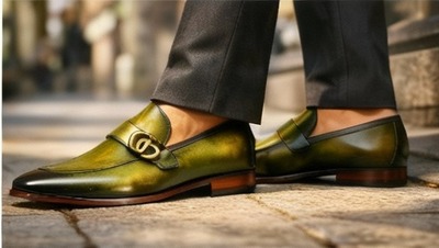 Crafted Leather Mens Designer Classic Luxury High Green Yellow Patina Leather Moccasin Loafers Dress Shoes