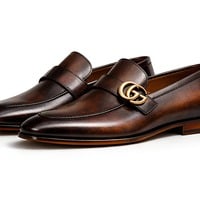 Crafted Leather Mens Designer Classic Luxury High Patina Leather Moccasin Loafers Dress Shoes - Thumbnail 2