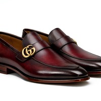 Crafted Leather Mens Designer Classic Luxury Burgundy Patina Leather Moccasin Loafers Dress Shoes - Thumbnail 2