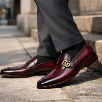 Crafted Leather Mens Designer Classic Luxury Burgundy Patina Leather Moccasin Loafers Dress Shoes - Thumbnail 1