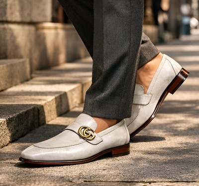 Crafted Leather Mens Designer Classic Luxury White Leather Moccasin Loafers Dress Shoes