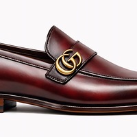 Crafted Leather Mens Designer Classic Luxury Burgundy Patina Leather Moccasin Loafers Dress Shoes - Thumbnail 1