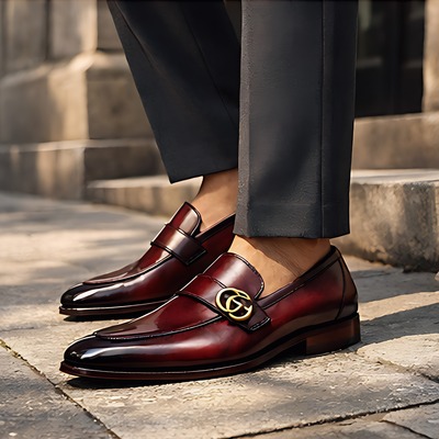 Crafted leather mens designer classic luxury burgundy patina leather moccasin loafers dress shoes - Thumbnail 1