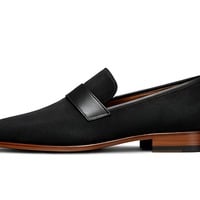 Crafted Leather Mens Designer Classic Pointed Toe Black Suede Leather Moccasin Loafers Dress Shoes - Thumbnail 1