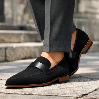 Crafted leather mens designer classic pointed toe black suede leather moccasin loafers dress shoes - Thumbnail 1