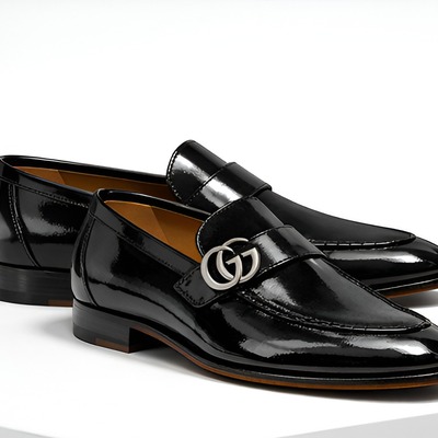 Crafted leather mens designer classic black patent leather moccasin loafers dress shoes - Thumbnail 1