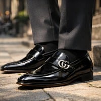 Crafted Leather Mens Designer Classic Black Patent Leather Moccasin Loafers Dress Shoes - Thumbnail 1