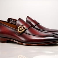 Crafted Leather Mens Designer Classic Luxury Burgundy Patina Leather Moccasin Loafers Dress Shoes - Thumbnail 1