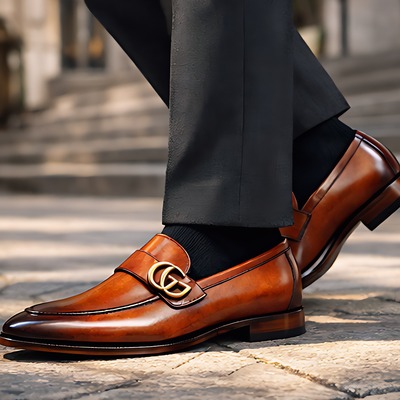 Crafted leather mens designer classic luxury high tan patina leather moccasin loafers dress shoes - Thumbnail 1