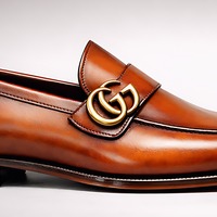 Crafted Leather Mens Designer Classic Luxury High Tan Patina Leather Moccasin Loafers Dress Shoes - Thumbnail 1