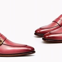 Crafted Leather Mens Designer Classic Luxury Pink Leather Moccasin Loafers Dress Shoes - Thumbnail 2
