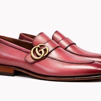Crafted Leather Mens Designer Classic Luxury Pink Leather Moccasin Loafers Dress Shoes - Thumbnail 1