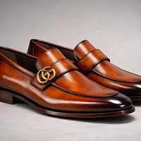 Crafted Leather Mens Designer Classic Luxury Brown Shaded Leather Moccasin Loafers Dress Shoes - Thumbnail 1