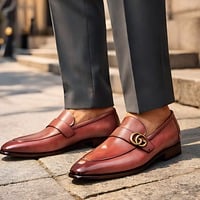 Crafted Leather Mens Designer Classic Luxury Pink Leather Moccasin Loafers Dress Shoes - Thumbnail 2