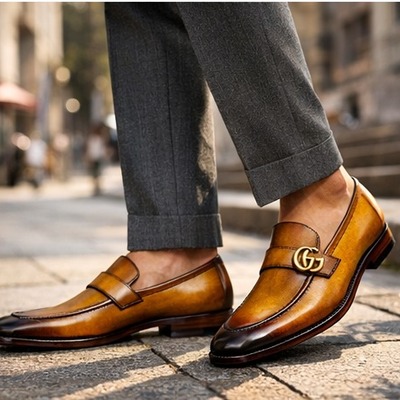 Crafted leather mens designer classic luxury brown leather moccasin loafers dress shoes - Thumbnail 1