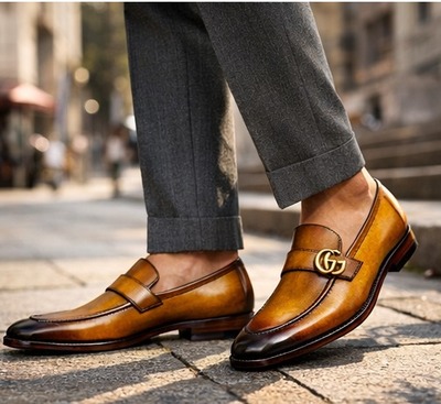 Crafted Leather Mens Designer Classic Luxury Brown Leather Moccasin Loafers Dress Shoes