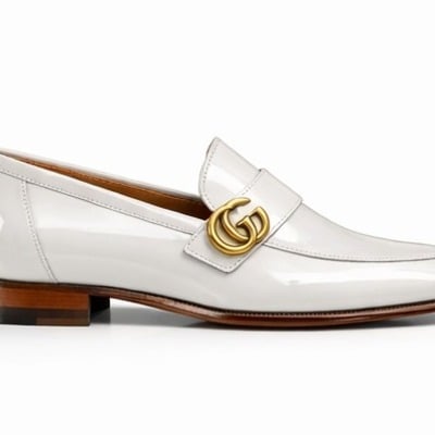 Crafted leather mens designer classic luxury white patent leather moccasin loafers dress shoes - Thumbnail 1