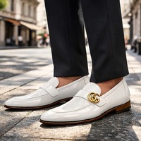 Crafted Leather Mens Designer Classic Luxury White Patent Leather Moccasin Loafers Dress Shoes - Thumbnail 1