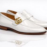 Crafted Leather Mens Designer Classic Luxury White Patent Leather Moccasin Loafers Dress Shoes - Thumbnail 2