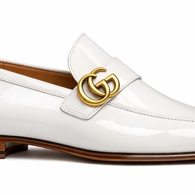 Crafted leather mens designer classic luxury white patent leather moccasin loafers dress shoes - Thumbnail 1