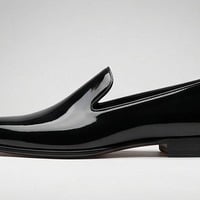  Crafted Leather Mens Designer Classic Luxury Black Patent Leather Moccasin Loafers Dress Shoes - Thumbnail 1