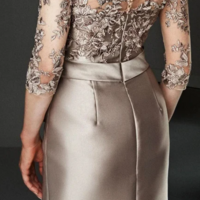 Tea Length Satin 3/4 Long Sleeves Mother of the Bride Dresses with Lace - Thumbnail 1