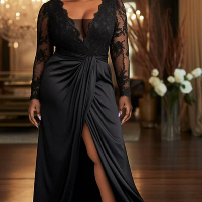 Long sleeves v-neck black lace mother of the bride dress front slit evening dress