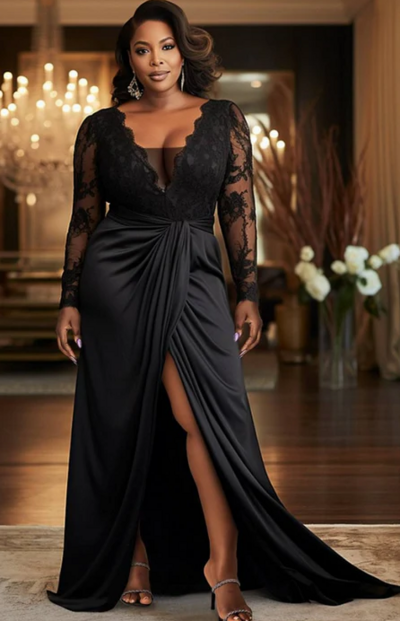 Long Sleeves V-Neck Black Lace Mother of the Bride Dress Front Slit Evening Dress