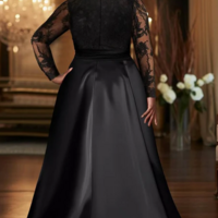 Long Sleeves V-Neck Black Lace Mother of the Bride Dress Front Slit Evening Dress - Thumbnail 1