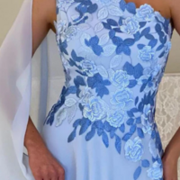 One Shoulder Light Blue Chiffon Mother Of Bridal Dress Side Slit Evening Dresses Long  - Thumbnail 1