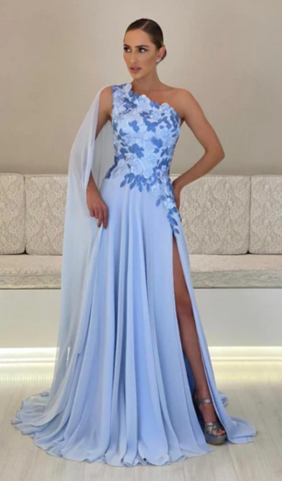 One Shoulder Light Blue Chiffon Mother Of Bridal Dress Side Slit Evening Dresses Long 