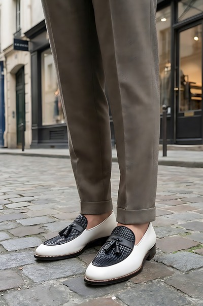 Crafted Leather Mens Designer Classic White Leather Black Woven Contrast Tassel Loafers Dress Shoes