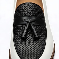 Crafted Leather Mens Designer Classic White Leather Black Woven Contrast Tassel Loafers Dress Shoes - Thumbnail 2