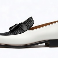 Crafted Leather Mens Designer Classic White Leather Black Woven Contrast Tassel Loafers Dress Shoes - Thumbnail 1
