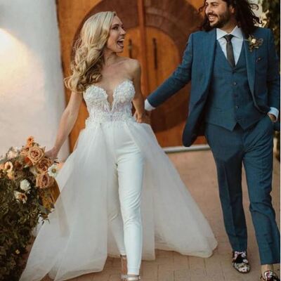 A line bridal jumpsuit wedding dress with detachable train lace sweetheart wedding gowns,1971