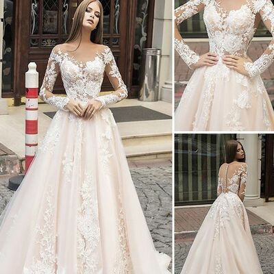 Elegant scoop neck champagne long sleeves wedding dresses, lace & appliques wedding dresses,1974