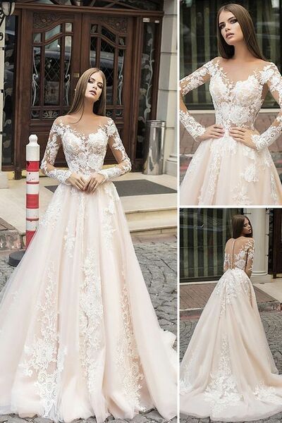 Elegant Scoop Neck Champagne Long Sleeves Wedding Dresses, Lace & Appliques Wedding Dresses,1974
