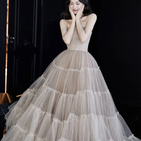 Champagne Tulle Strapless Party Gown Tiered Ruffle Evening Dress  - Thumbnail 1