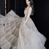 Champagne Tulle Strapless Party Gown Tiered Ruffle Evening Dress  - Thumbnail 3