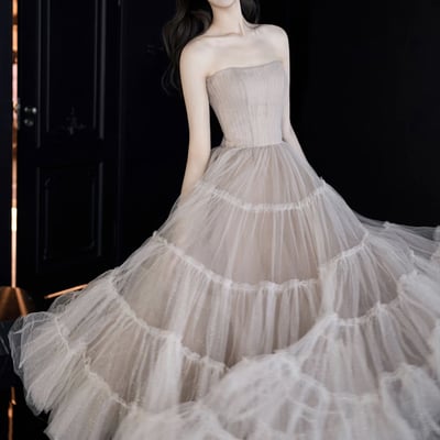 Champagne tulle strapless party gown tiered ruffle evening dress 
