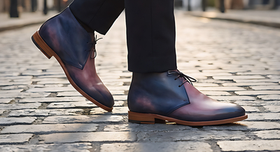 Crafted Leather Mens Designer Classic Luxury Pink Blue Patina Leather Chukka Boot