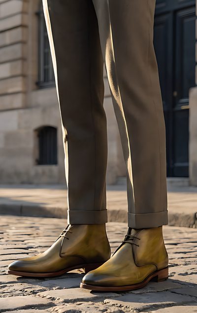 Crafted Leather Mens Designer Classic Luxury Yellow Green Patina Leather Chukka Boot