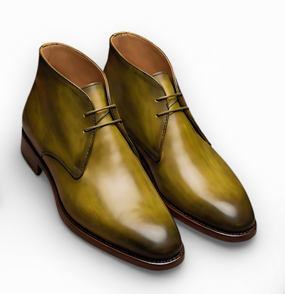 Crafted Leather Mens Designer Classic Luxury Yellow Green Patina Leather Chukka Boot