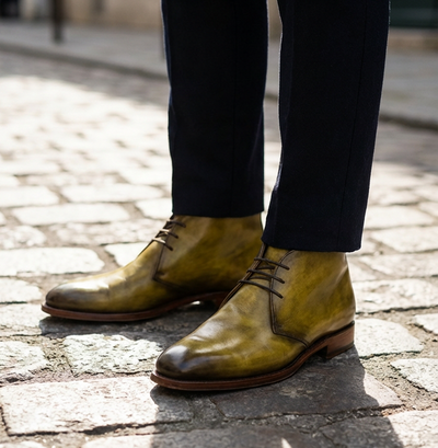 Crafted Leather Mens Designer Classic Luxury Yellow Green Patina Leather Chukka Boot