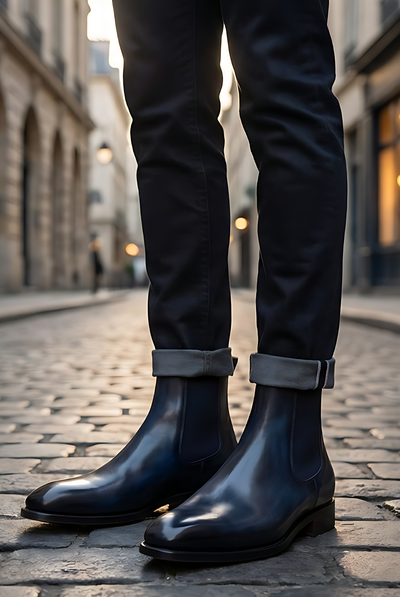 Crafted Leather Mens Designer Classic Luxury Blue Patina Leather Chelsea Boot