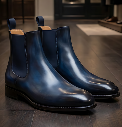 Crafted Leather Mens Designer Classic Luxury Blue Patina Leather Chelsea Boot